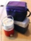 Soft side Thermos cooler bag; Coleman insulated jug; Rubbermaid lunch size cooler.