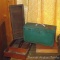 Antique wooden flatware caddy; green painted tote box; wooden tray; more. Flatware tray measures