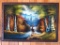 Vintage velvet painting features a deer and waterfall in a birch forest. Measures 27