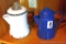 Two enamelware coffee pots, both have a stem and basket. Tallest is approx 9