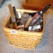 Basket of kitchen utensils incl whisks, thermometer, 12