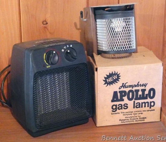 Vintage Humphrey Apollo gas lamp with original box; Heat Wave electric heater stands 8" tall.