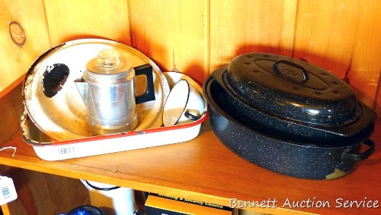 Enamelware roasters, pan, cup, more. Largest piece is approx 16". Coffee pot includes inner pieces;