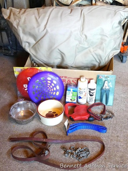Foster and Smith dog pillow, unused; Doggy Discs, pet dishes and leashes, dog nail trimmers, partial