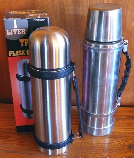 Hot Cold Champ stainless steel thermos; stainless steel travel 'flask'. Both in good condition.