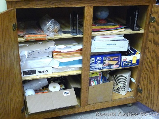 Tons of office supplies incl. envelopes, paper, adding machine rolls, book ends, pencils, lots more.
