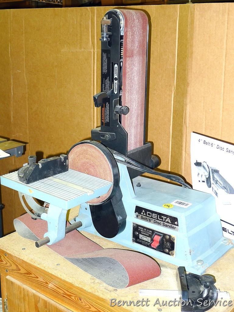 Delta 4" Belt/6" disc sander model 1340223. Works. Comes with homemade wood  cabinet 24" x 19" x 37" | Estate & Personal Property Personal Property |  Online Auctions | Proxibid