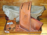 Carpenter's leather double pouch; leather drill holder; leather tape measure holder; and more.