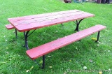 7' picnic table with sturdy steel frame and fair wood.
