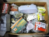 Box filled with electrical components including staples, wire nuts, connectors, switches NIB and