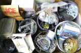 Large box filled with assortment of nails, carriage bolts, hinges, springs, drill bits and more. Box