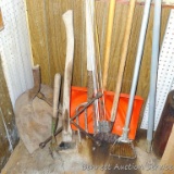 Garden hoes; picaroon; potato fork; lug wrench snow shovel; flat shovel with broken handle and more.