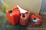 Five gallon gas tote; 2-1/2 gallon gas tote; 2-1/2 gallon gas can; plastic funnel.