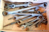 Vintage open end and box wrenches, largest is 16