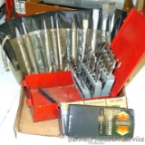 Stud sensor; drill bits in metal case; Rockford punch & chisels in plastic carry case