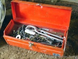 Metal tool box with removable tray with nuts, bolts, washers. Box is 18