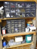 Assorted hardware in three cabinets and on shelf, largest cabinet is approx 18