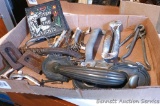 Antique and other hardware including door handle, coat hooks, stove grate handle, switch plates,
