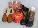 Size 11 leather upper winter boots; two hot seats; deer targets, slippers, framed deer print, nylon