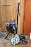 Collapsible tripod swivel hunting stool; Robbins strap on tree seat; extendable shooting stick.