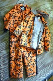Walls XXL Tall blaze orange/camo coverall; blaze camo jacket size XL. Both pieces are in overall