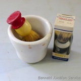 Shaving cup with soap and two brushes (one new in box).