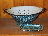 Beautiful teal blue swirl enameled colander and soap dish. Colander is 13