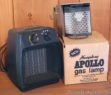 Vintage Humphrey Apollo gas lamp with original box; Heat Wave electric heater stands 8