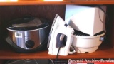 3 or 4 quart Hamilton Beach slow cooker; Sunbeam SteamMaster iron; Proctor Silex two slice toaster;