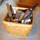 Basket of kitchen utensils incl whisks, thermometer, 12