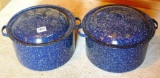Two speckled enameled canners both have racks. Lid is a little small for one, both are approx 8