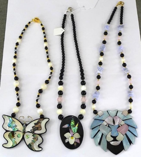 Lee Sands inlaid beaded necklace, plus two other pretty necklaces. Longest is the lion necklace at