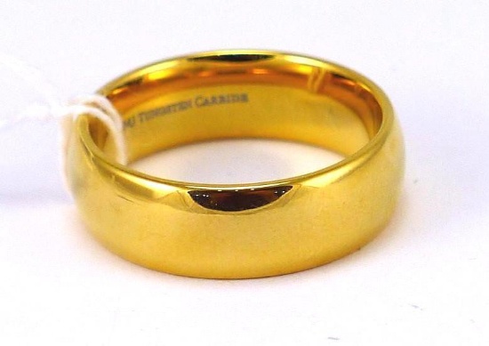 Men's size 13 gold toned ring is marked inside band 'MJ Tungsten Carbide'. Total weight is 17.03
