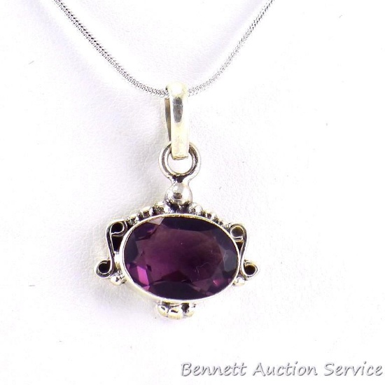 Seller's note states "5 CT Sterling silver amethyst pendant is 1-1/5" long", chain is approx 9"