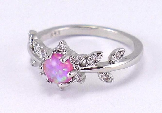 Seller's note states "Round purple fire opal leaf ring, size 8".