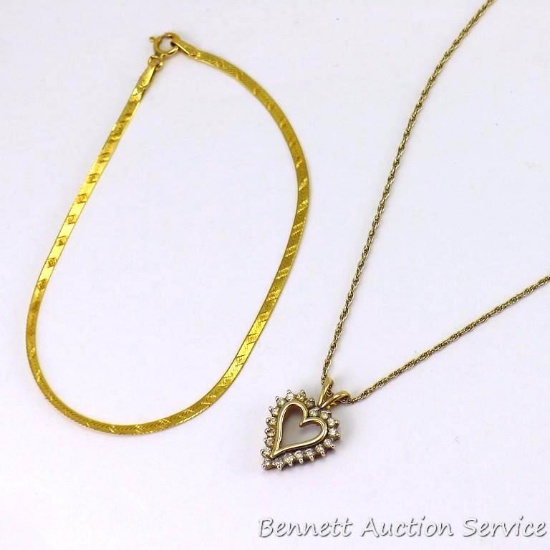 Gold bracelet is marked '14 KT Italy' and measures 6-3/4" open. Necklace with heart pendant is