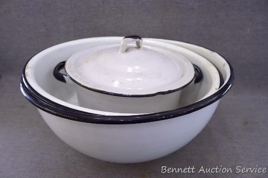 Three porcelain enameled containers. Small kettle with lid; 2 bowls, largest is 5" x 11" diameter. A