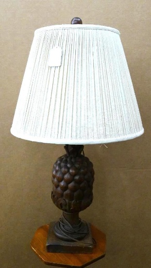 Lamp 36" tall with wooden base. Base of shade is 20".
