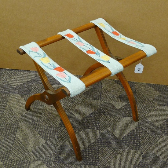 Folding luggage rack has a pretty embroidered design. 22" x 15-1/2" x18". Matches lot 29.