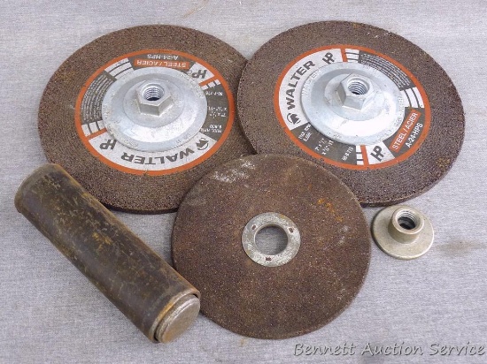 Two Walter 7" x 1/4" grinding wheels; one 5-3/4" x 1/8" grinding wheel and more.