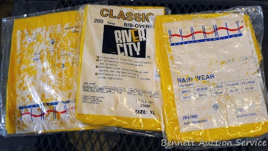 Rain wear includes XL bib overalls and jackets, NIP.