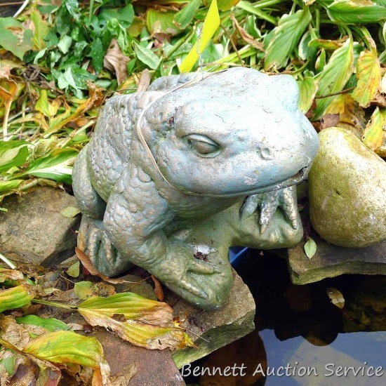 Concrete frog is approx. 15" and can be set up as a fountain.