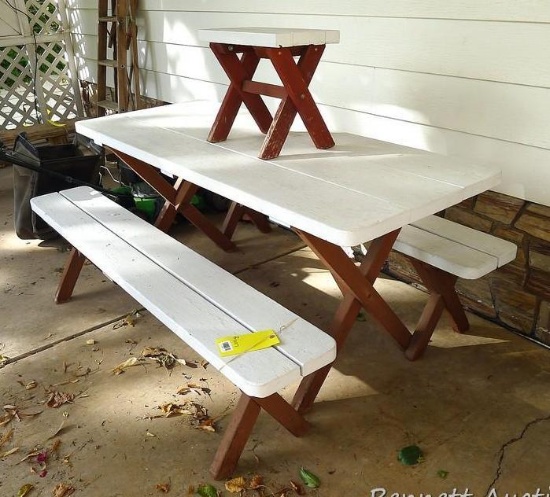 Three piece picnic table, plus a matching little side table. Picnic table is 70" x 28" x 31" high.