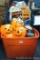 Tote of Halloween pails, baskets, bats, decotations, more. Tote is 16-1/2