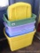 Five Rubbermaid totes and lids, most are Rubbermaid Roughneck. Look to be in good condition.