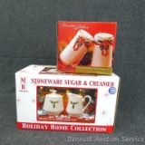 Stoneware sugar and creamer, Poinsetta and Ribbons salt and pepper shakers. Tiny chip or factory