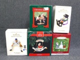 Five Hallmark ornaments include an Alex Rodriguez ornament. Most have packaging, boxes are all about