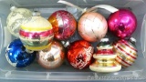 Plastic container with vintage glass christmas bulbs including a couple of newer bulbs; measures