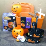 Tote filled with all kinds of halloween; including giant 6' airblown inflatable pumpkin, pumkin