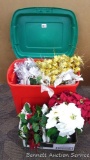 Tamor tote with lid plus another box of faux poinsettas, ribbon, ornaments, more. Lots of pieces are